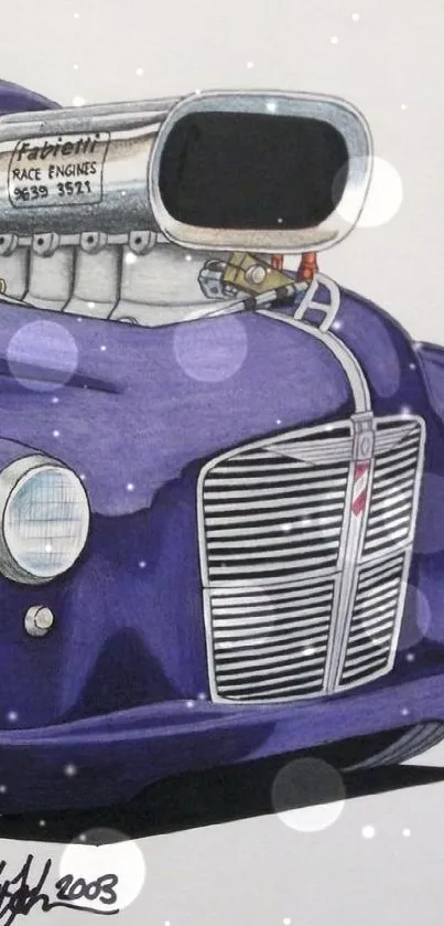 Artistic illustration of a purple hot rod vehicle on mobile wallpaper.