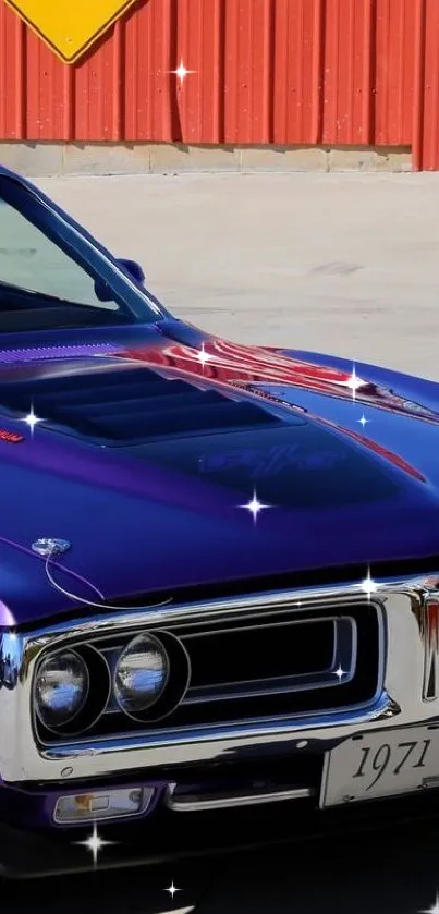 Purple vintage muscle car parked outside.