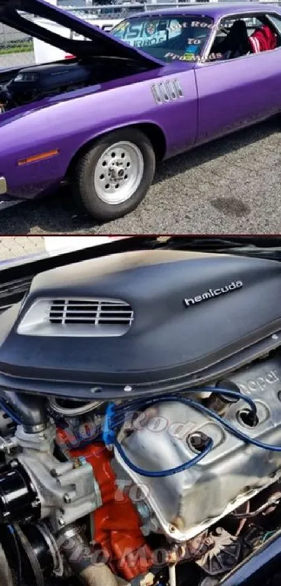 Vintage purple muscle car with exposed engine in detailed view.