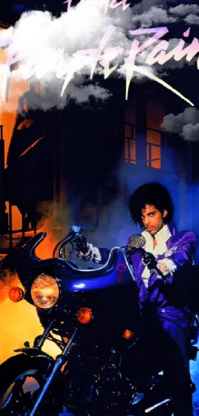 Vintage Purple Rain poster wallpaper with motorcycle and vibrant colors.