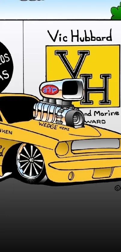 Cartoon-style illustration of a yellow classic muscle race car.