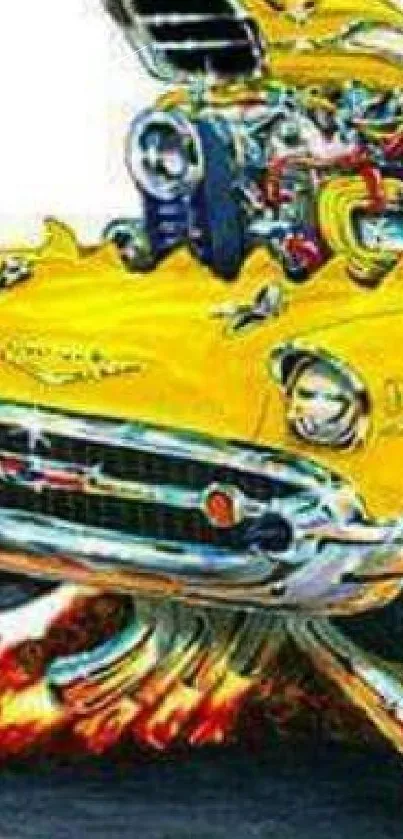 Cartoonish vintage car in bright yellow racing with flames.