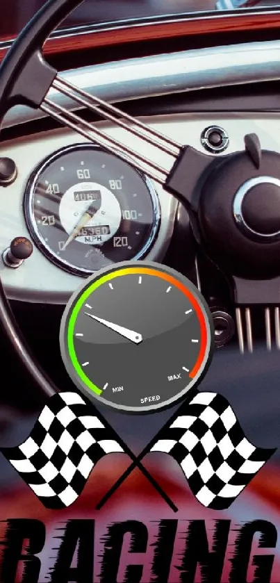 Vintage racing car dashboard with classic gauges and steering wheel.