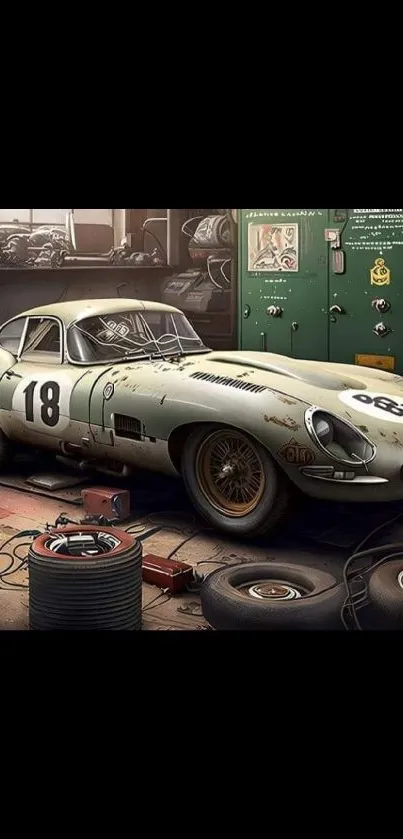 Vintage car in garage with racing theme.