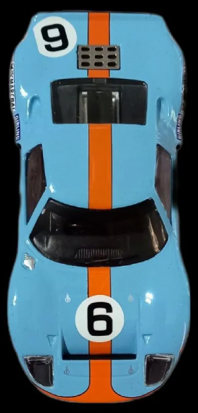 Top view of a vintage blue and orange racing car design.