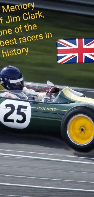 Vintage racing car with British flag and tribute to Jim Clark.