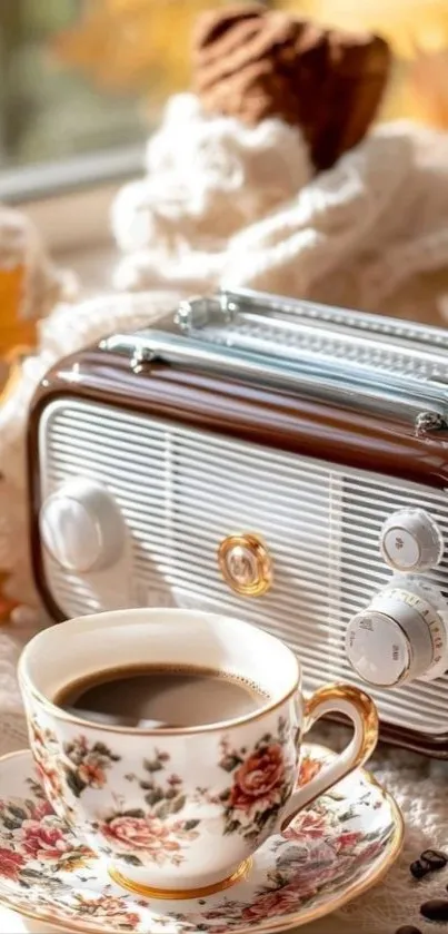 Cozy autumn setup with vintage radio and floral teacup.