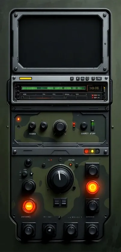 Vintage radio control panel with detailed knobs and gauges on dark green background.