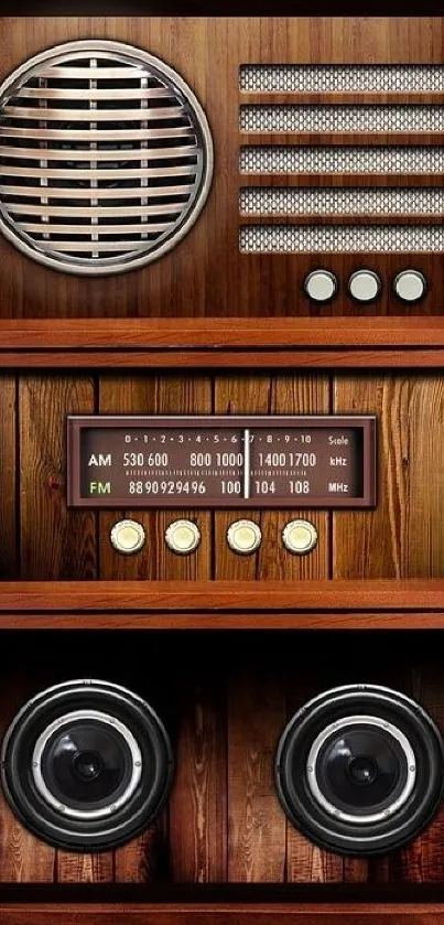 Vintage radio wallpaper with wood design.