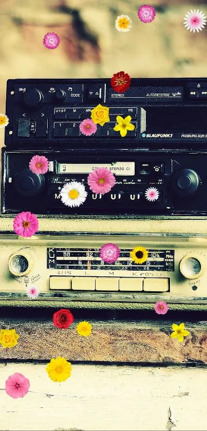 Vintage radio stack on rustic table with brick wall.