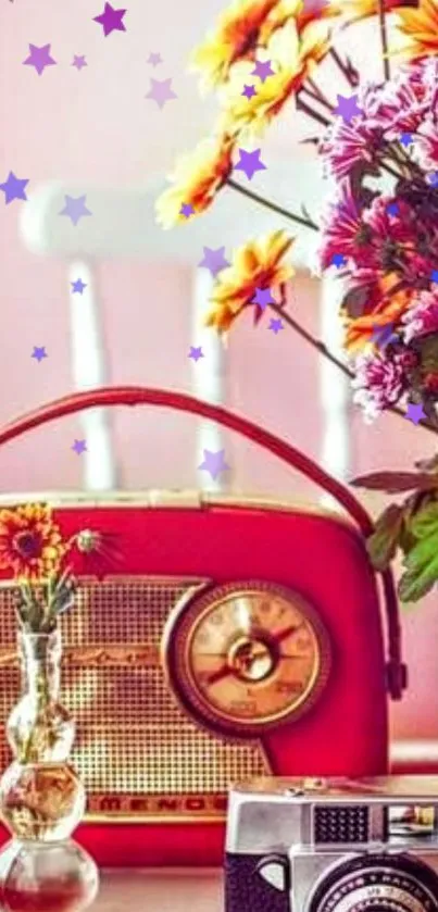 Vintage radio with colorful flowers and retro camera.