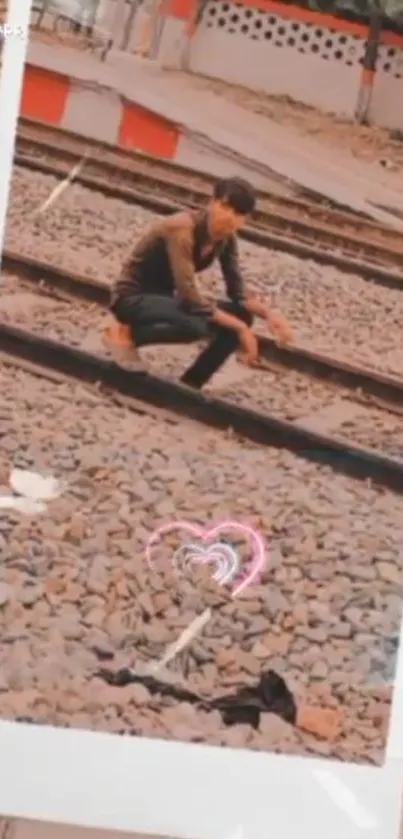 Person seated alone on railway tracks with heart overlay in vintage photo style.