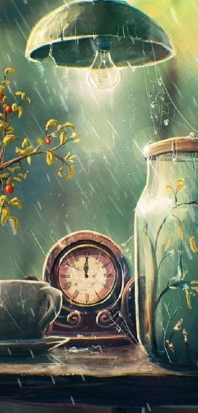 Vintage rainy scene with a jar, clock, and cup in soft lighting.