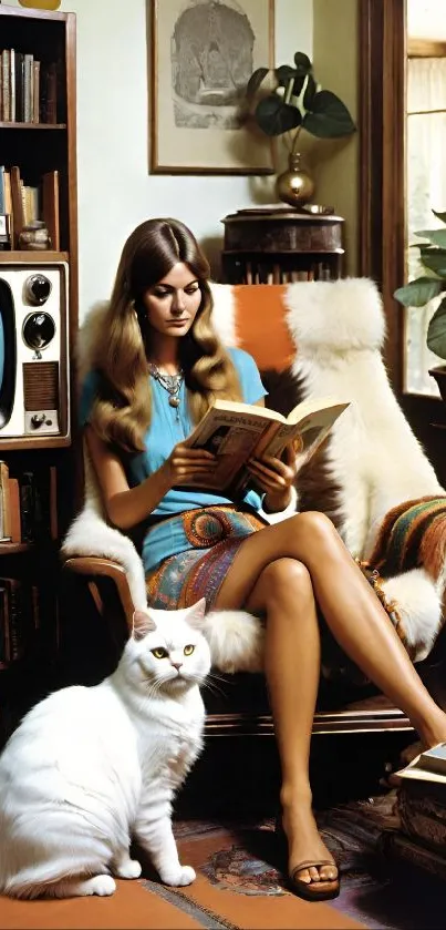 Vintage room with woman reading and a white cat.