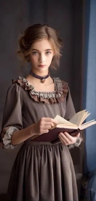 Vintage-inspired wallpaper of a woman reading in elegant attire.