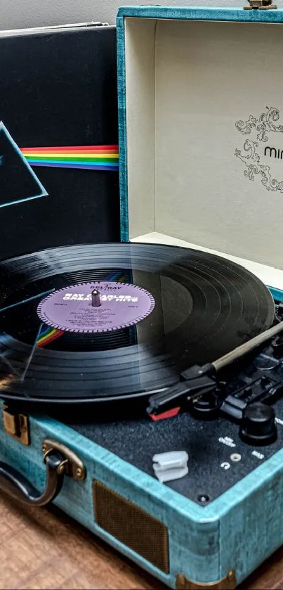 Vintage record player with classic album and vinyl.