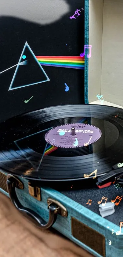 Vintage record player with vinyl and colorful album on a wooden table.