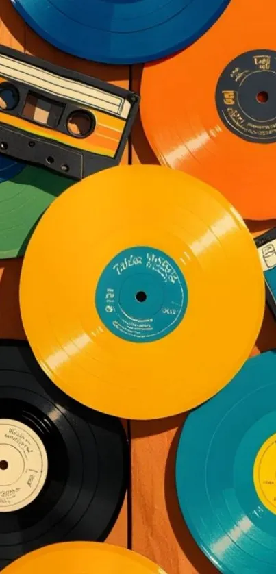 Colorful vintage records and cassette tapes wallpaper.