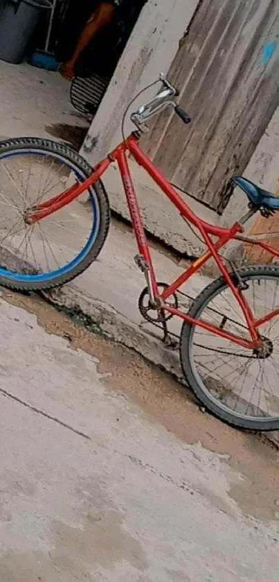 Vintage red bicycle against a rustic wall background wallpaper.