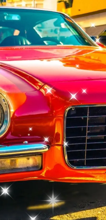 Vintage red car with sparkling details in sunshine.