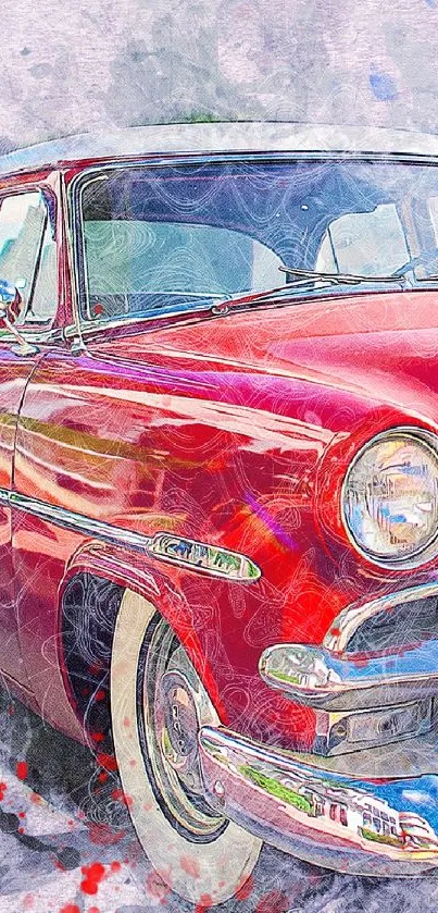 Illustration of a vintage red car with a classic artistic style.