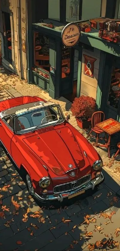 Illustrated vintage red car on cobblestone street with charming cityscape.