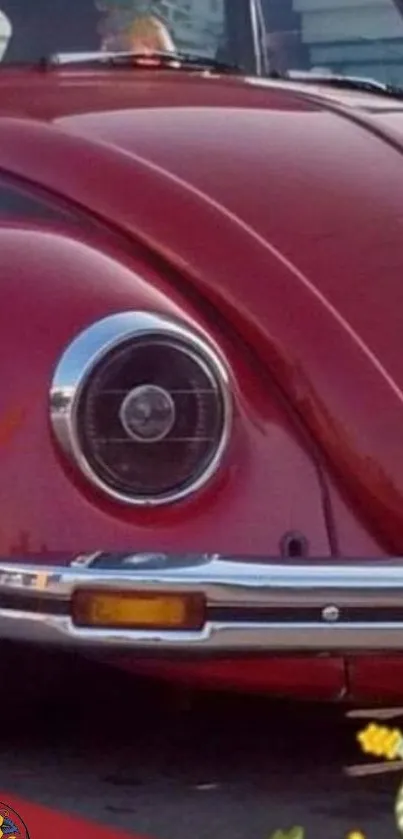 Close-up of vintage red car fender with chrome details.