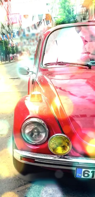 Vibrant wallpaper of a vintage red car on a colorful city street.