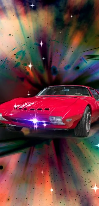 Red vintage car with cosmic space background art.