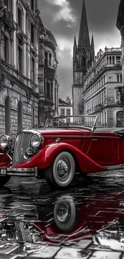 Vintage red car in a historic urban street setting.