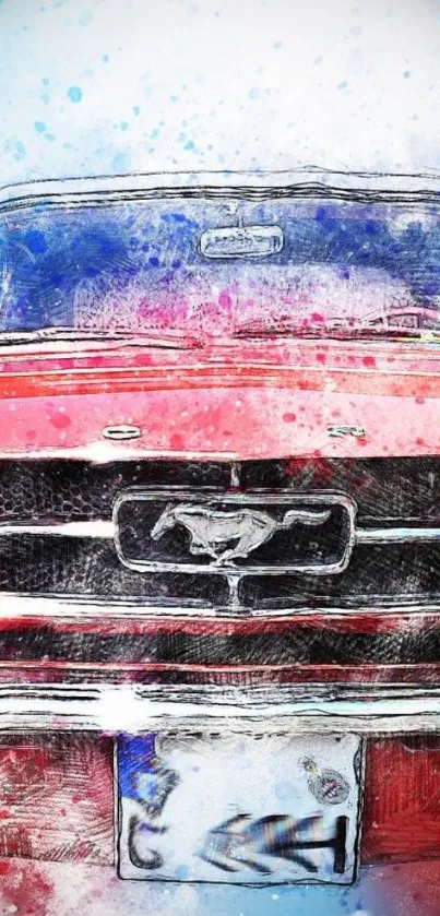 Vintage red car sketch with artistic splashes of color.