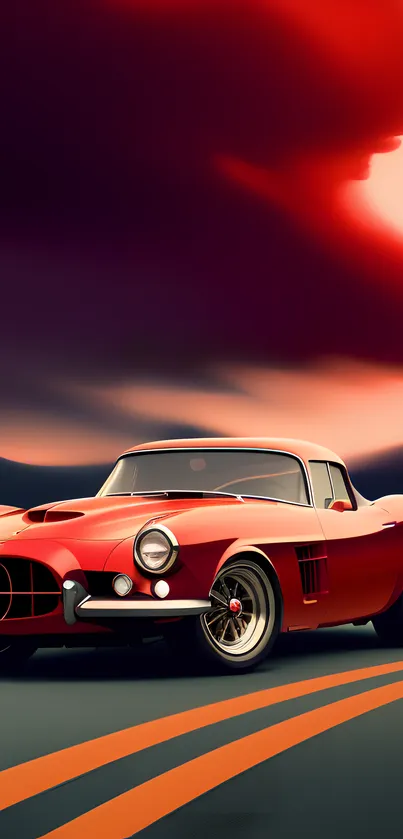 Vintage red car on a scenic sunset drive with a bold sky.