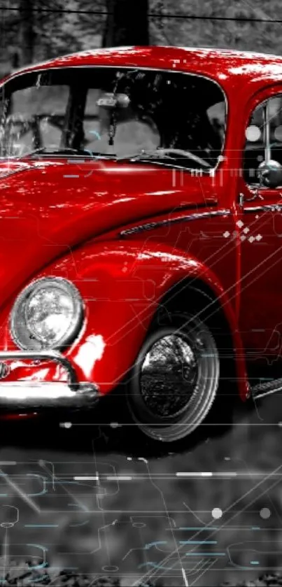 Red vintage car on black and white background with a futuristic overlay.