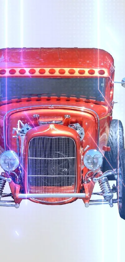 Vintage red hot rod car with neon accents on a mobile wallpaper.