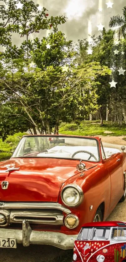 Vintage red convertible car on a scenic countryside road.