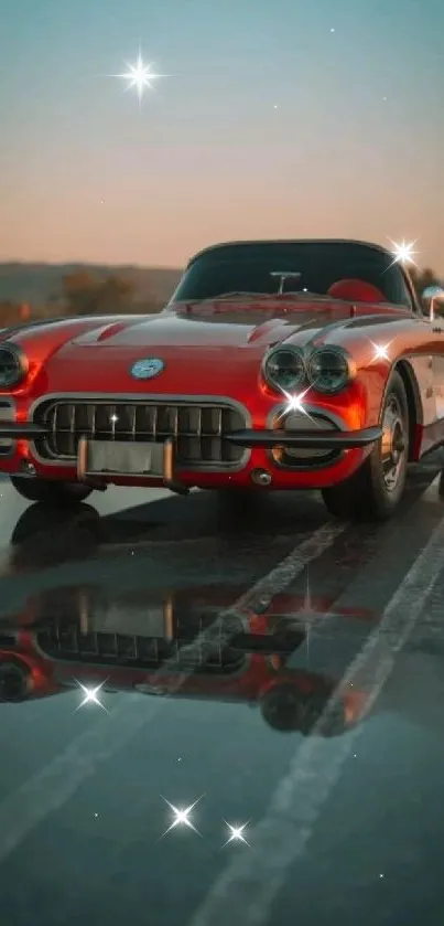 Classic red vintage car on a reflective road background.