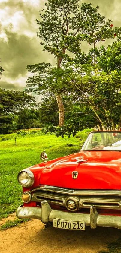 Vintage red convertible on scenic road with green background.