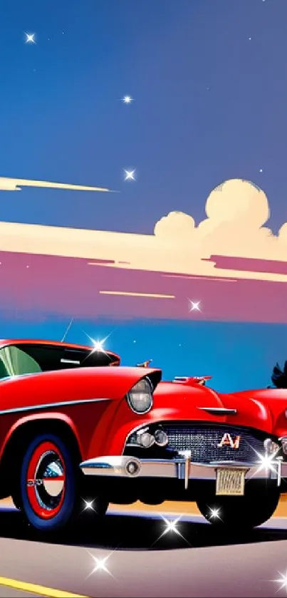 A vintage red car driving along a scenic road under a vibrant sky.