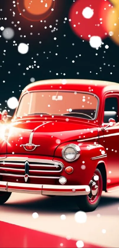 Vintage red car with bokeh lights, perfect for mobile wallpaper.