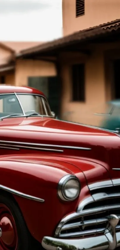 Vintage car parked in urban backdrop with classic design and rich red color.