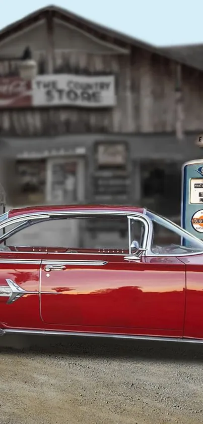 Vintage red car parked by an old store.