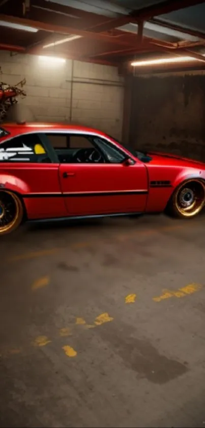 Stylish vintage red car in a garage setting, capturing classic elegance.