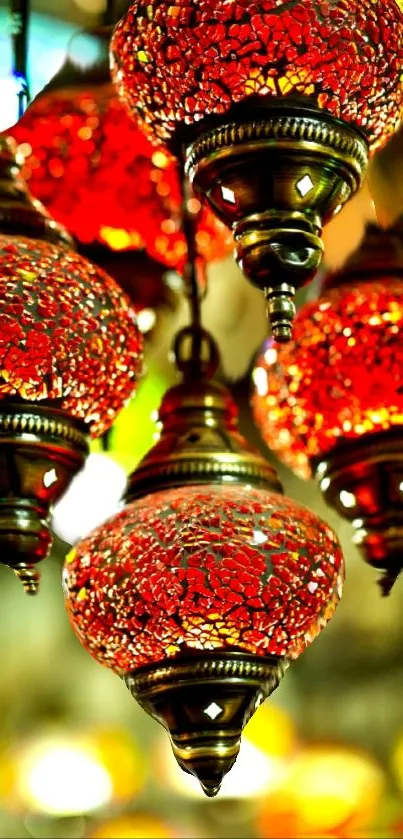 Vintage red lanterns hanging with intricate designs, creating a cozy ambiance.