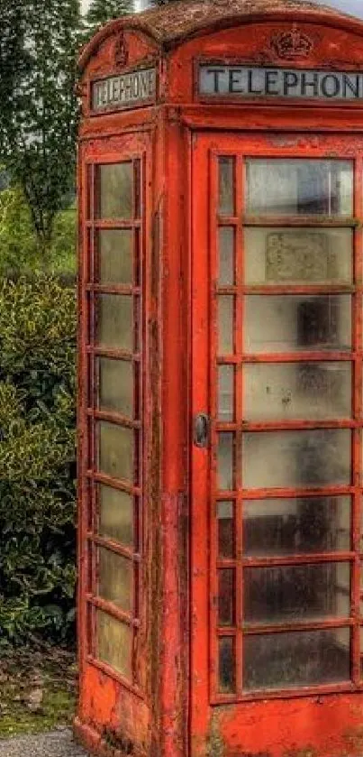 Vintage red phone booth with green background, perfect for mobile wallpaper.