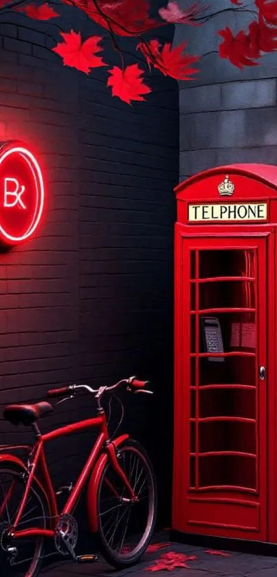Vintage red phone booth with bicycle and neon.