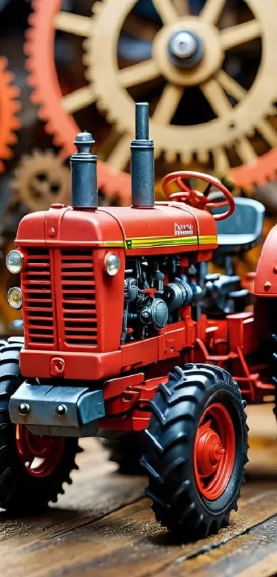 Vintage red tractor with gears background.