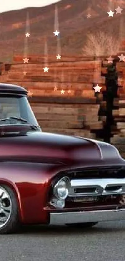 Vintage red truck parked with rustic wood backdrop, ideal for classic car enthusiasts.