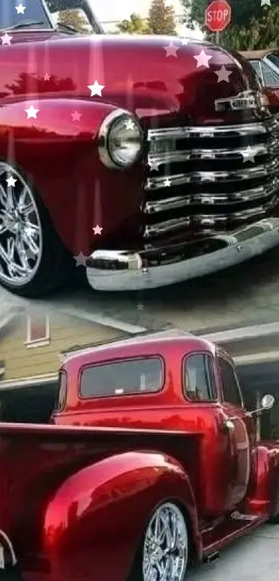 Vintage red Chevrolet truck with chrome detailing.