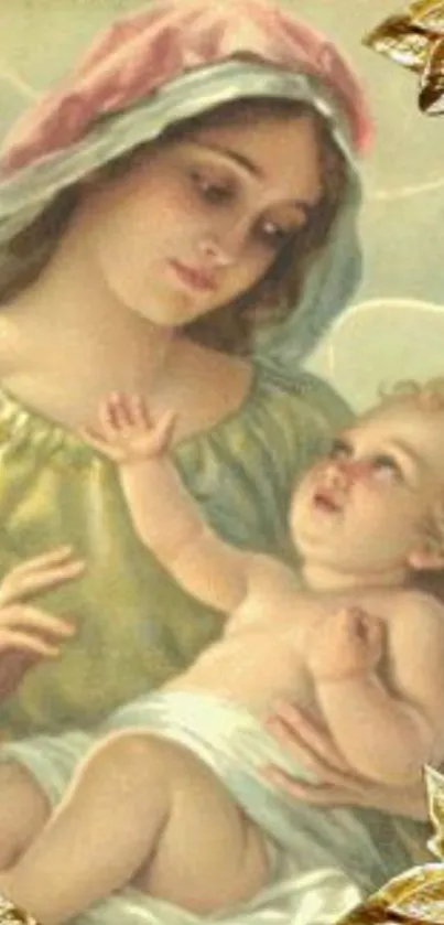 Vintage religious artwork with golden accents and maternal depiction.