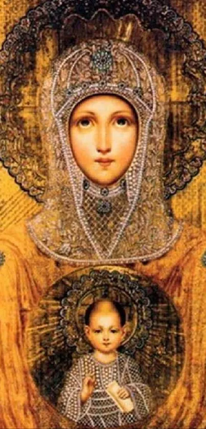 Vintage religious icon with golden hues and intricate details for mobile wallpaper.